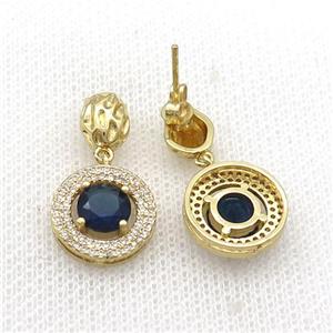 Copper Stud Earring Pave Zircon Blue Crystal Gold Plated, approx 14mm, 7-9mm [FN33977]