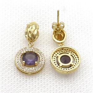 Copper Stud Earring Pave Zircon Purple Crystal Gold Plated, approx 14mm, 7-9mm [FN33979]