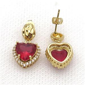 Copper Stud Earring Pave Zircon Red Crystal Heart Gold Plated, approx 13.5-14mm, 7-9mm [FN33981]