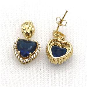 Copper Stud Earring Pave Zircon Blue Crystal Heart Gold Plated, approx 13.5-14mm, 7-9mm [FN33982]