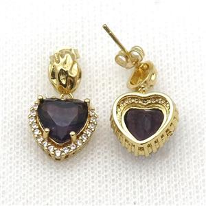 Copper Stud Earring Pave Zircon Purple Crystal Heart Gold Plated, approx 13.5-14mm, 7-9mm [FN33983]
