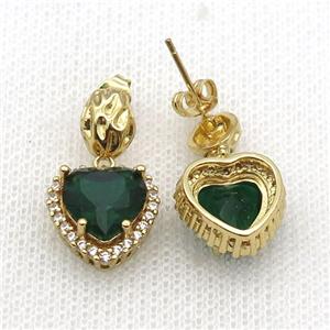 Copper Stud Earring Pave Zircon Green Crystal Heart Gold Plated, approx 13.5-14mm, 7-9mm [FN33984]