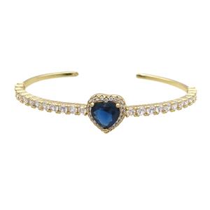 Copper Heart Bangle Pave Zircon Blue Crystal Gold Plated, approx 14mm, 50-60mm [FN33998]