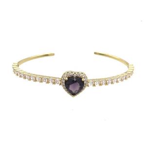 Copper Heart Bangle Pave Zircon Purple Crystal Gold Plated, approx 14mm, 50-60mm [FN33999]