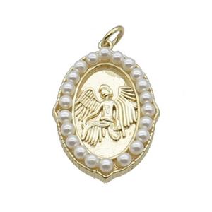 Copper Angel Pendant With Pearlized Glass Oval Gold Plated, approx 22-30mm [FN34013]