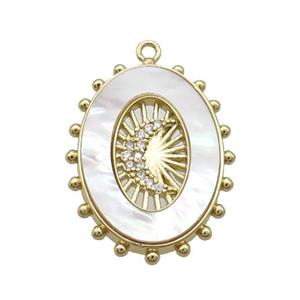 Copper Oval Pendant Pave Zircon White Shell Moon Gold Plated, approx 18-25mm [FN34014]