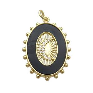 Copper Oval Pendant Pave Zircon Black Agate Moon Gold Plated, approx 18-25mm [FN34015]