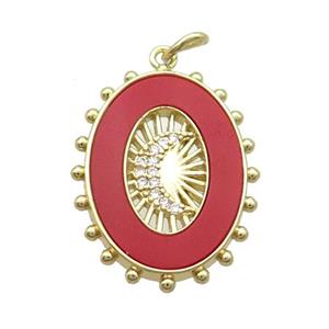 Copper Oval Pendant Pave Zircon Red Agate Moon Gold Plated, approx 18-25mm [FN34016]