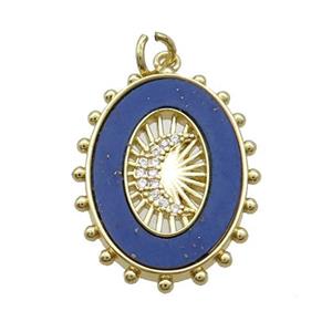 Copper Oval Pendant Pave Zircon Blue Lapis Moon Gold Plated, approx 18-25mm [FN34017]