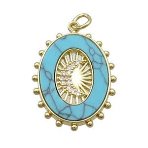 Copper Oval Pendant Pave Zircon Blue Turquoise Moon Gold Plated, approx 18-25mm [FN34018]