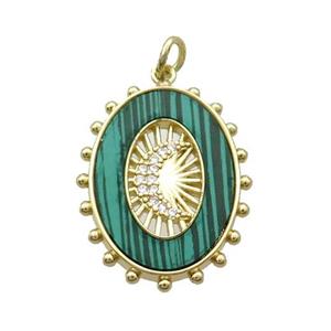 Copper Oval Pendant Pave Zircon Green Malachite Moon Gold Plated, approx 18-25mm [FN34019]