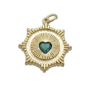 Copper Sun Pendant Pave Green Crystal Heart Gold Plated, approx 20mm [FN34029]