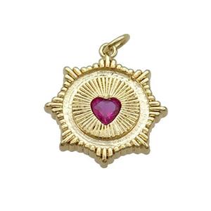 Copper Sun Pendant Pave Red Crystal Heart Gold Plated, approx 20mm [FN34030]