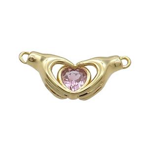 Copper Hand Heart Pendant Pave Pink Crystal 2loops Gold Plated, approx 10-20mm [FN34045]