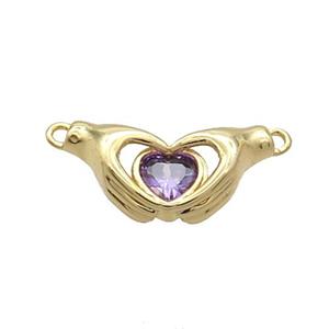 Copper Hand Heart Pendant Pave Purple Crystal 2loops Gold Plated, approx 10-20mm [FN34046]