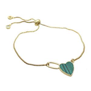 Copper Bracelet Green Malachite Heart Adjustable Gold Plated, approx 12-20mm, 22cm length [FN34059]
