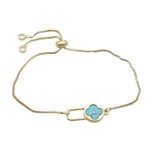 Copper Bracelet Blue Turquoise Clover Adjustable Gold Plated, approx 10-18mm, 22cm length [FN34066]