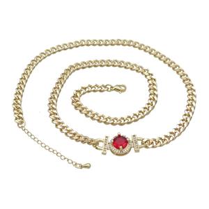 Copper Necklace Pave Red Crystal Gold Plated, approx 14mm, 7mm, 47-52cm length [FN34086]