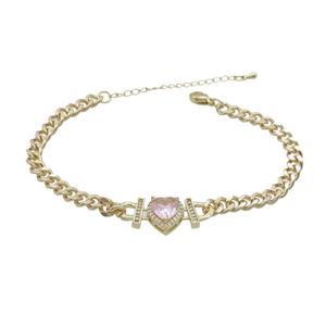 Copper Bracelet Pave Pink Crystal Heart Gold Plated, approx 11mm, 7mm, 21-26cm length [FN34088]