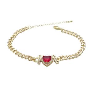 Copper Bracelet Pave Red Crystal Heart Gold Plated, approx 11mm, 7mm, 21-26cm length [FN34089]