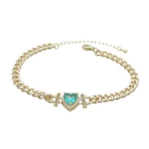 Copper Bracelet Pave Aqua Crystal Heart Gold Plated, approx 11mm, 7mm, 21-26cm length [FN34090]