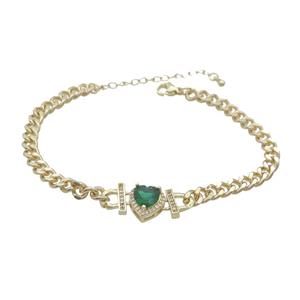 Copper Bracelet Pave Green Crystal Heart Gold Plated, approx 11mm, 7mm, 21-26cm length [FN34091]