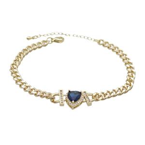 Copper Bracelet Pave Blue Crystal Heart Gold Plated, approx 11mm, 7mm, 21-26cm length [FN34092]