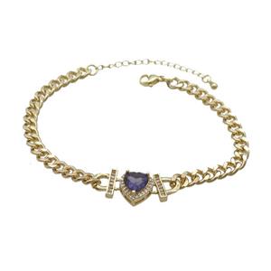 Copper Bracelet Pave Purple Crystal Heart Gold Plated, approx 11mm, 7mm, 21-26cm length [FN34093]