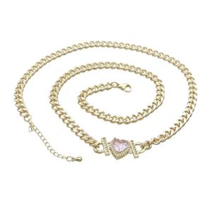 Copper Necklace Pave Pink Crystal Heart Gold Plated, approx 11mm, 7mm, 47-52cm length [FN34094]
