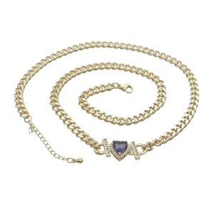 Copper Necklace Pave Purple Crystal Heart Gold Plated, approx 11mm, 7mm, 47-52cm length [FN34095]