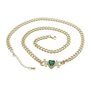 Copper Necklace Pave Green Crystal Heart Gold Plated, approx 11mm, 7mm, 47-52cm length [FN34096]