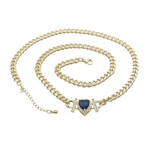 Copper Necklace Pave Blue Crystal Heart Gold Plated, approx 11mm, 7mm, 47-52cm length [FN34098]