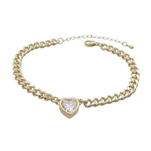 Copper Bracelet Pave Clear Crystal Heart Gold Plated, approx 11mm, 7mm, 21-26cm length [FN34099]