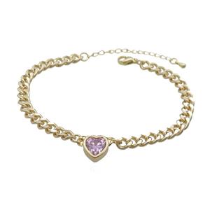 Copper Bracelet Pave Pink Crystal Heart Gold Plated, approx 11mm, 7mm, 21-26cm length [FN34100]