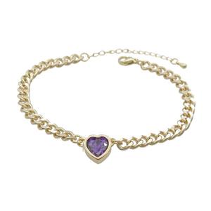 Copper Bracelet Pave Purple Crystal Heart Gold Plated, approx 11mm, 7mm, 21-26cm length [FN34101]