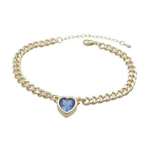 Copper Bracelet Pave Blue Crystal Heart Gold Plated, approx 11mm, 7mm, 21-26cm length [FN34102]