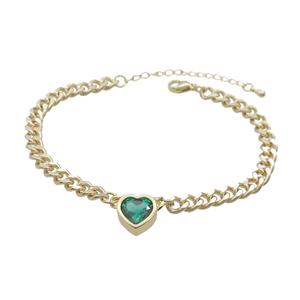 Copper Bracelet Pave Green Crystal Heart Gold Plated, approx 11mm, 7mm, 21-26cm length [FN34103]