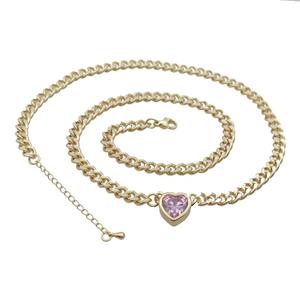 Copper Necklace Pave Pink Crystal Heart Gold Plated, approx 11mm, 7mm, 47-52cm length [FN34105]
