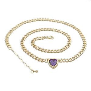 Copper Necklace Pave Purple Crystal Heart Gold Plated, approx 11mm, 7mm, 47-52cm length [FN34106]
