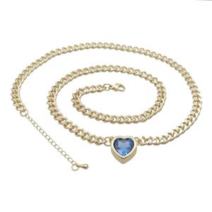 Copper Necklace Pave Blue Crystal Heart Gold Plated, approx 11mm, 7mm, 47-52cm length [FN34107]