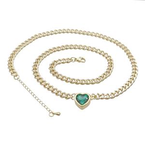 Copper Necklace Pave Green Crystal Heart Gold Plated, approx 11mm, 7mm, 47-52cm length [FN34108]