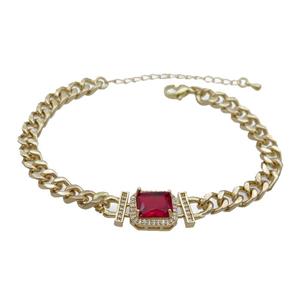 Copper Bracelet Pave Red Crystal Rectangle Gold Plated, approx 11-13mm, 5.5mm, 21-26cm length [FN34110]