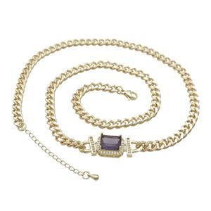 Copper Necklace Pave Purple Crystal Rectangle Gold Plated, approx 11-13mm, 5.5mm, 47-52cm length [FN34114]