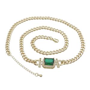 Copper Necklace Pave Green Crystal Rectangle Gold Plated, approx 11-13mm, 5.5mm, 47-52cm length [FN34116]