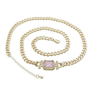 Copper Necklace Pave Pink Crystal Rectangle Gold Plated, approx 11-13mm, 5.5mm, 47-52cm length [FN34117]
