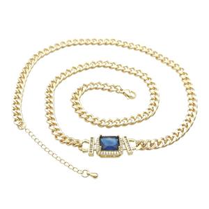 Copper Necklace Pave Blue Crystal Rectangle Gold Plated, approx 11-13mm, 5.5mm, 47-52cm length [FN34118]