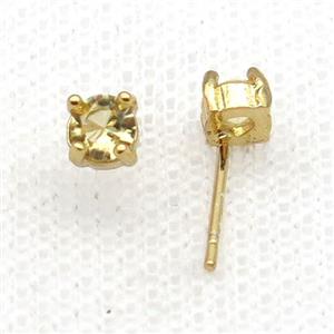 Copper Stud Earring Pave Zircon Yellow Crystal Gold Plated, approx 4mm [FN34125]