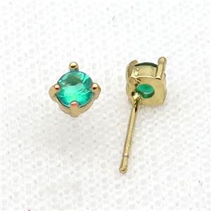 Copper Stud Earring Pave Zircon Green Crystal Gold Plated, approx 4mm [FN34126]