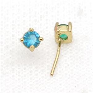 Copper Stud Earring Pave Zircon Aqua Crystal Gold Plated, approx 4mm [FN34128]
