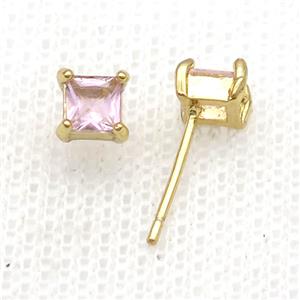 Copper Stud Earring Pave Zircon Pink Crystal Square Gold Plated, approx 5mm [FN34129]